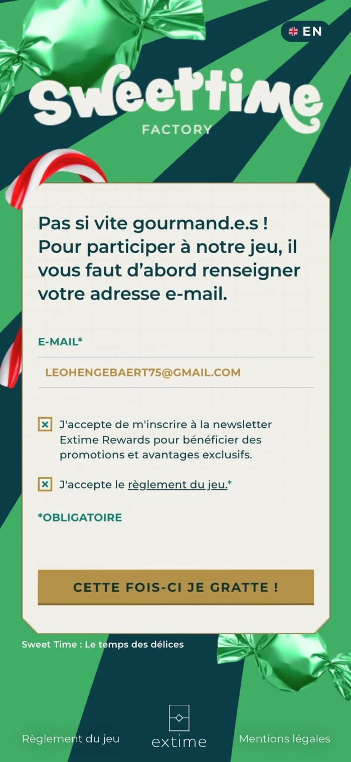 Jeu à gratter virtuel — Sweetime Factory — étape 01 Saisie email